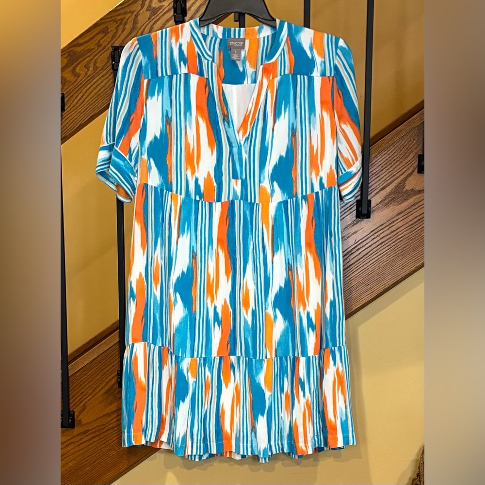 Chico’s Striped Multi Ikat Tiered Dress Pockets Lined Blue Bliss SZ. 1/ US 8-10